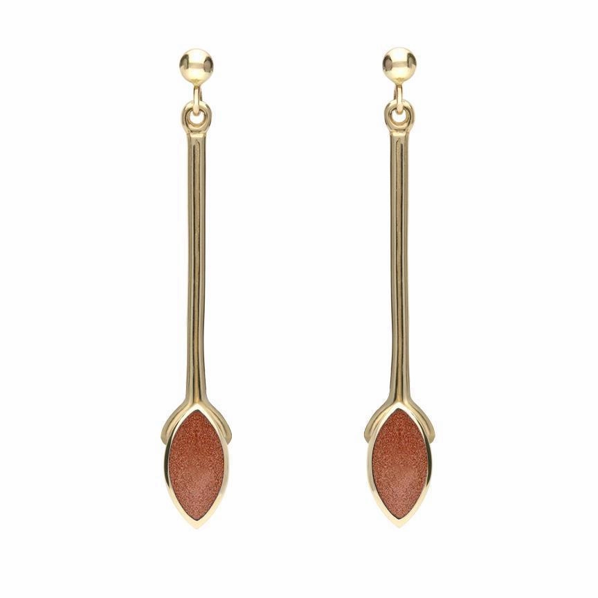 9ct Yellow Gold Brown Goldstone Long Marquise Drop Earrings