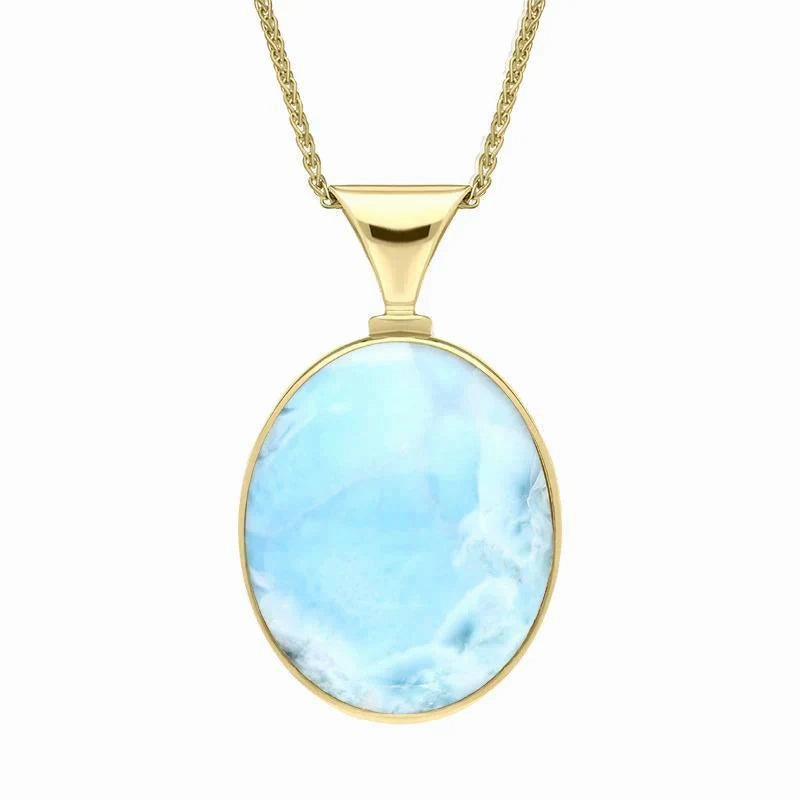 9ct Yellow Gold Coquina Larimar Meduim Heavy Double Sided Fob Necklace