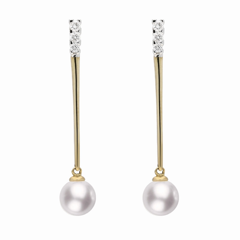 9ct Yellow Gold Diamond Pearl Drop Earrings