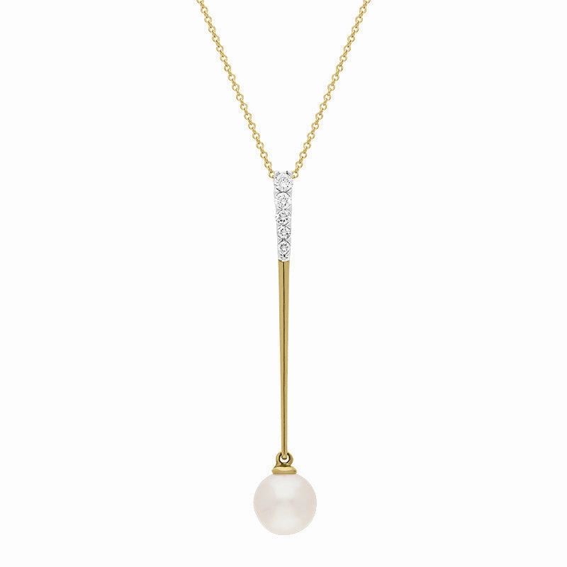 9ct Yellow Gold Freshwater Pearl 0.18ct Diamond Drop Necklace D