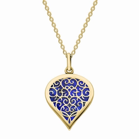 9ct Yellow Gold Lapis Lazuli Flore Filigree Medium Heart Necklace