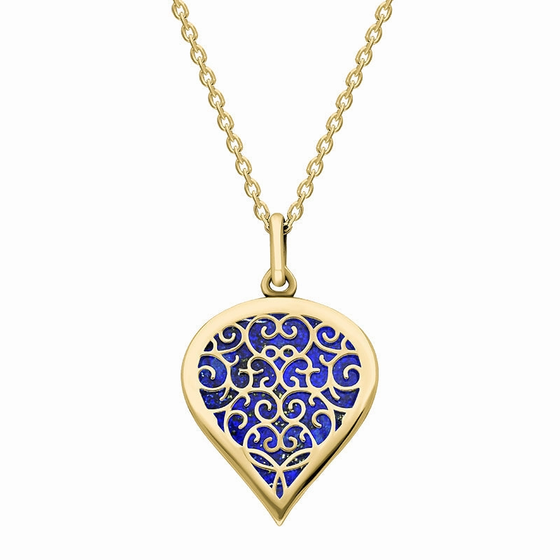 9ct Yellow Gold Lapis Lazuli Flore Filigree Medium Heart Necklace