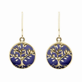 9ct Yellow Gold Lapis Lazuli Round Large Tree of Life Leaves Drop Earrings