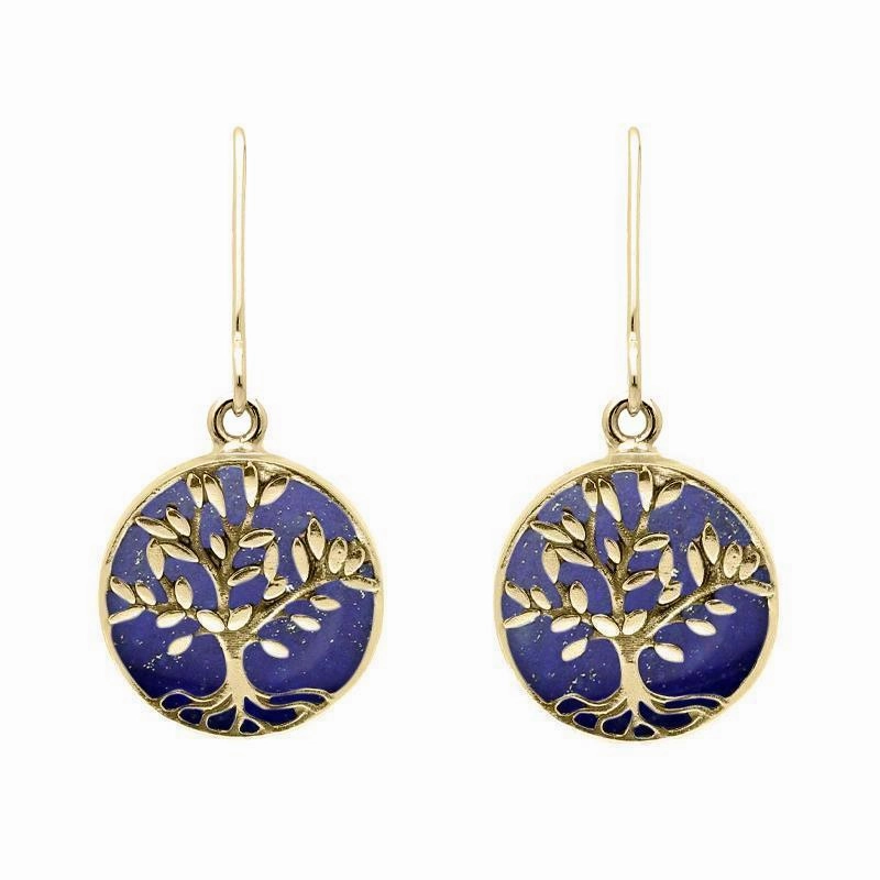 9ct Yellow Gold Lapis Lazuli Round Large Tree of Life Leaves Drop Earrings