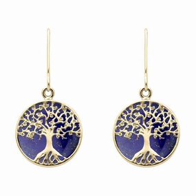 9ct Yellow Gold Lapis Lazuli Round Tree of Life Drop Earrings