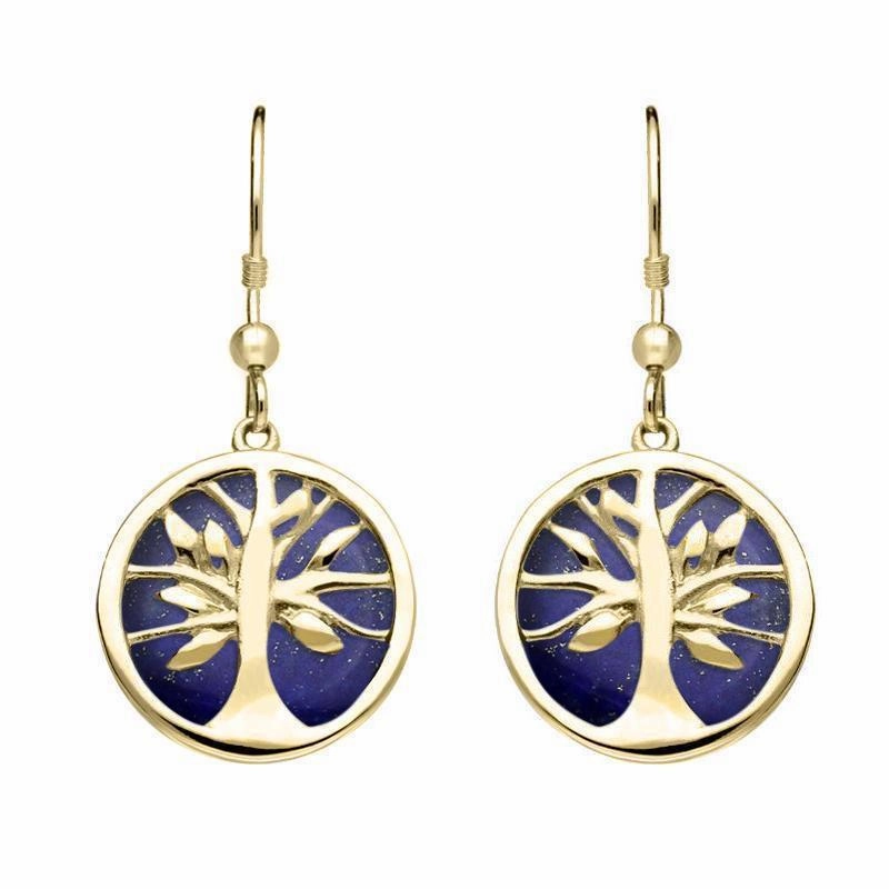 9ct Yellow Gold Lapis Lazuli Round Tree of Life Drop Earrings