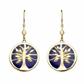 9ct Yellow Gold Lapis Lazuli Round Tree of Life Drop Earrings