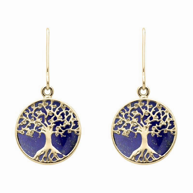 9ct Yellow Gold Lapis Lazuli Round Tree of Life Drop Earrings