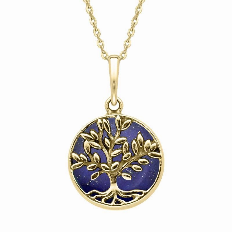 9ct Yellow Gold Lapis Lazuli Small Round Large Leaves Tree of Life Necklace