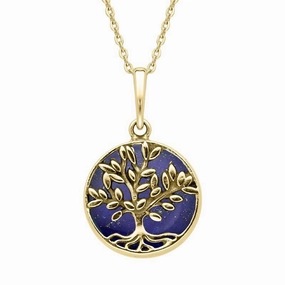 9ct Yellow Gold Lapis Lazuli Small Round Large Leaves Tree of Life Necklace