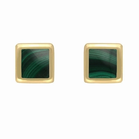 9ct Yellow Gold Malachite Dinky Square Stud Earrings