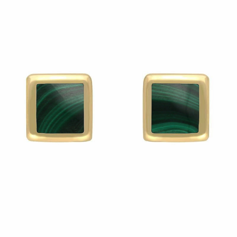 9ct Yellow Gold Malachite Dinky Square Stud Earrings
