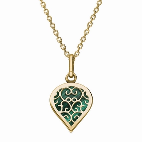 9ct Yellow Gold Malachite Flore Filigree Small Heart Necklace