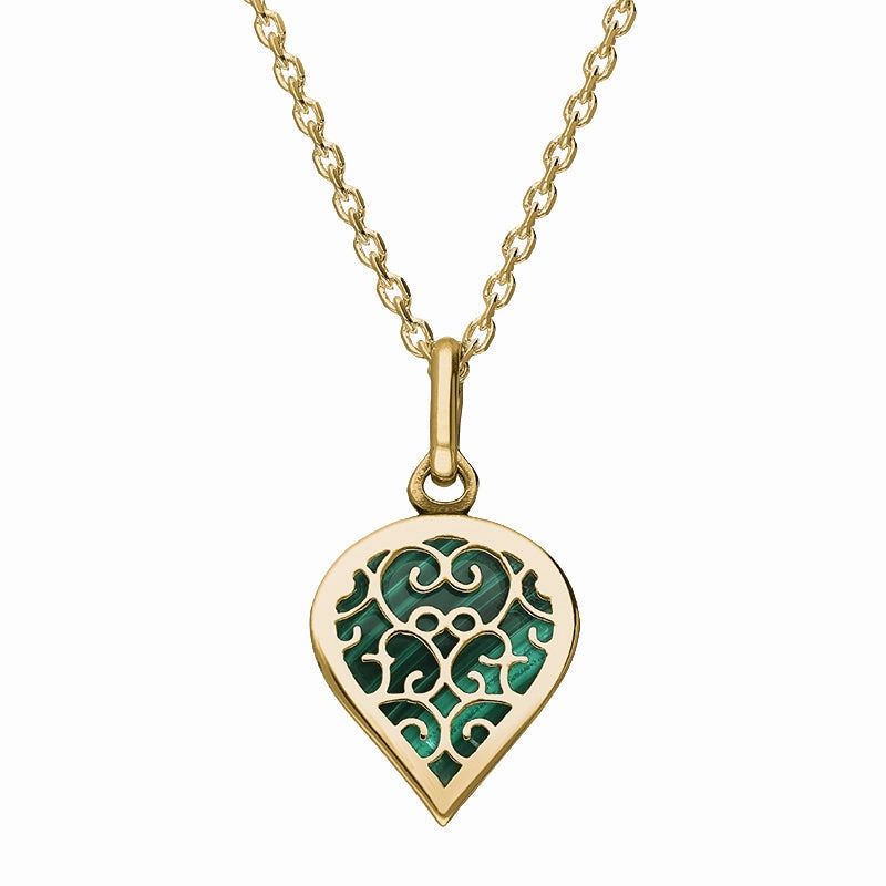 9ct Yellow Gold Malachite Flore Filigree Small Heart Necklace