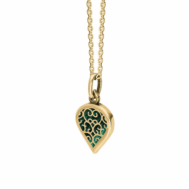 9ct Yellow Gold Malachite Flore Filigree Small Heart Necklace