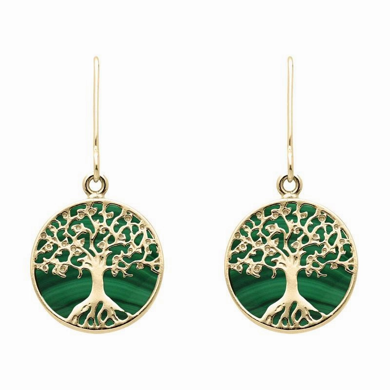 9ct Yellow Gold Malachite Round Tree of Life Drop Earrings