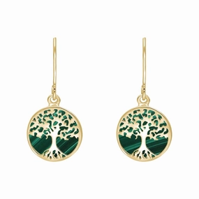 9ct Yellow Gold Malachite Round Tree of Life Drop Earrings