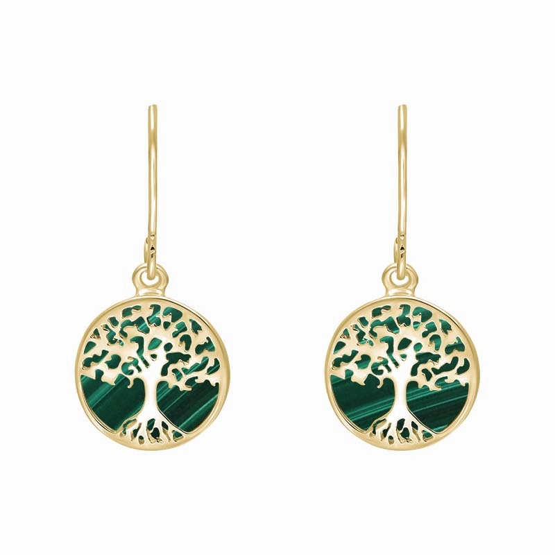 9ct Yellow Gold Malachite Round Tree of Life Drop Earrings