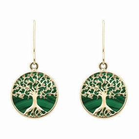 9ct Yellow Gold Malachite Round Tree of Life Drop Earrings