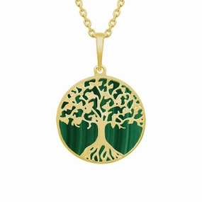 9ct Yellow Gold Malachite Round Tree of Life Necklace