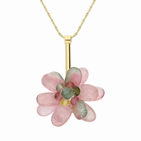 9ct Yellow Gold Mixed Tourmaline Cluster Flower Necklace D