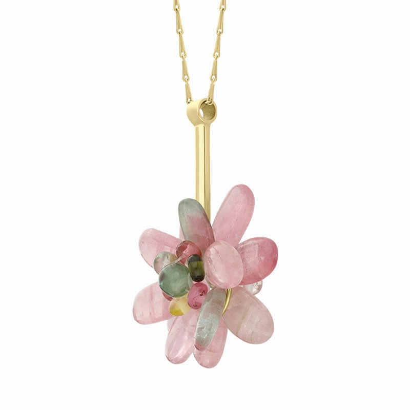 9ct Yellow Gold Mixed Tourmaline Cluster Flower Necklace D