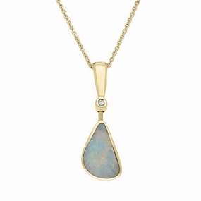 9ct Yellow Gold Opal Diamond Straight Edge Pear Drop Necklace D