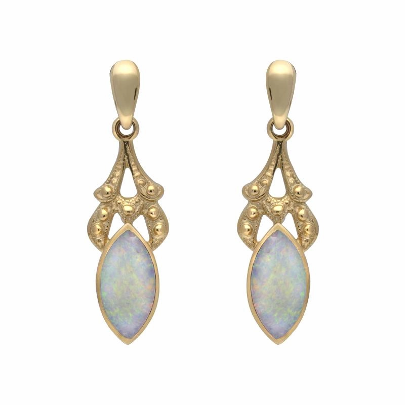 9ct Yellow Gold Opal Marquise Shaped Drop Earrings