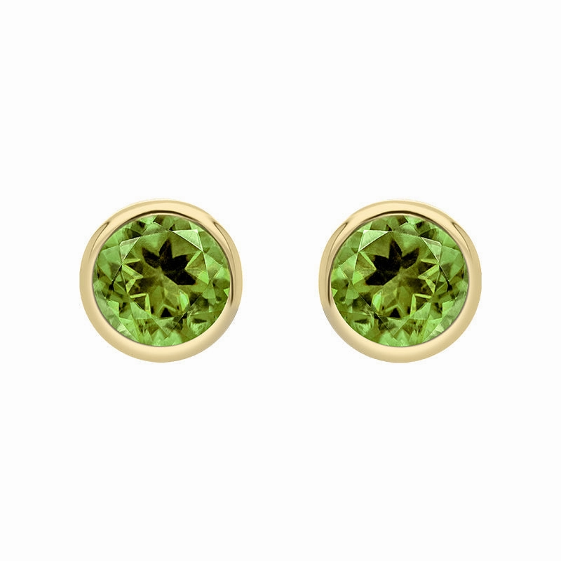 9ct Yellow Gold Peridot 3mm Round Rub Over Set Stud Earrings D