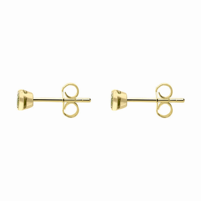 9ct Yellow Gold Peridot 3mm Round Rub Over Set Stud Earrings D