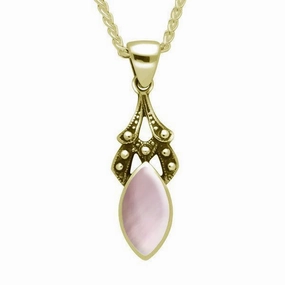 9ct Yellow Gold Pink Mother of Pearl Marquise Drop Necklace