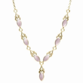9ct Yellow Gold Pink Mother of Pearl Seven Stone Marquise Necklace