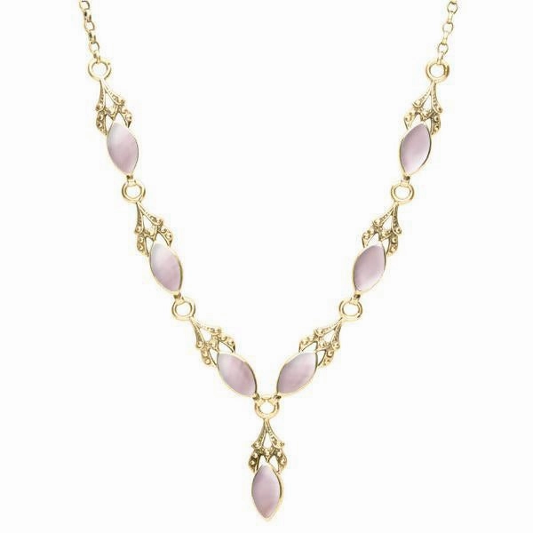 9ct Yellow Gold Pink Mother of Pearl Seven Stone Marquise Necklace