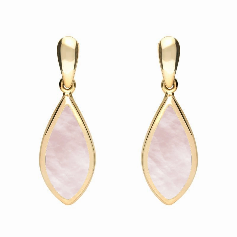 9ct Yellow Gold Pink Mother of Pearl Small Pointed Pear Drop Earrings