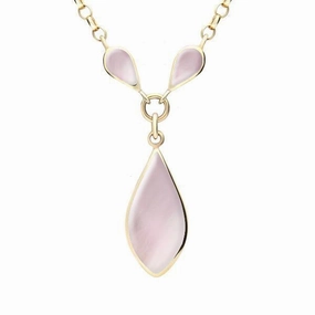 9ct Yellow Gold Pink Mother of Pearl Three Stone Pear Necklace