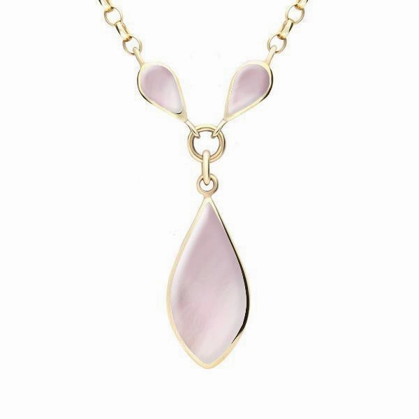 9ct Yellow Gold Pink Mother of Pearl Three Stone Pear Necklace