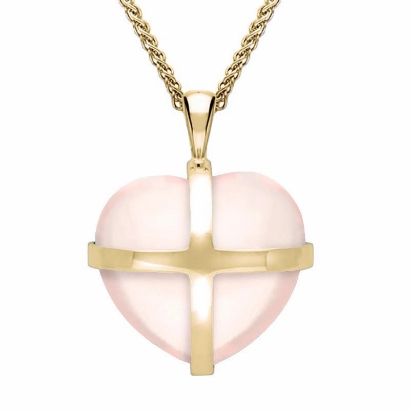9ct Yellow Gold Rose Quartz Medium Cross Heart Necklace