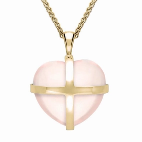 9ct Yellow Gold Rose Quartz Medium Cross Heart Necklace