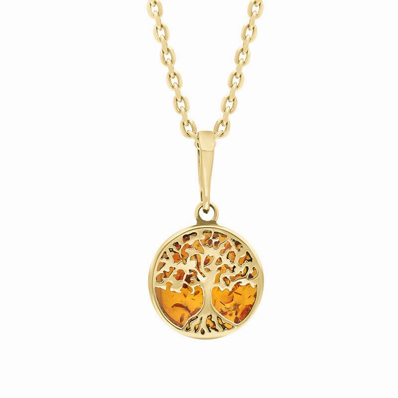 9ct Yellow Gold Small Amber Round Tree of Life Necklace
