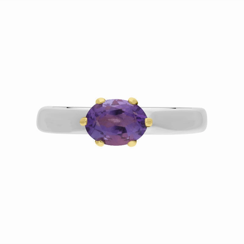 9ct Yellow Gold Sterling Silver Amethyst Stepping Stones 4x7mm Oval Claw Set Ring