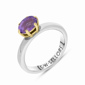 9ct Yellow Gold Sterling Silver Amethyst Stepping Stones 4x7mm Oval Claw Set Ring