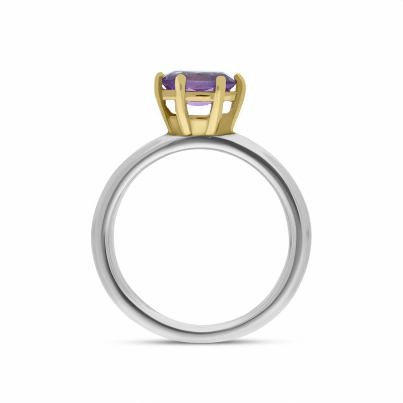 9ct Yellow Gold Sterling Silver Amethyst Stepping Stones 4x7mm Oval Claw Set Ring