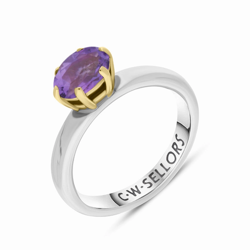 9ct Yellow Gold Sterling Silver Amethyst Stepping Stones 4x7mm Oval Claw Set Ring