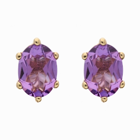 9ct Yellow Gold Sterling Silver Amethyst Stepping Stones 4x7mm Oval Claw Set Stud Earrings