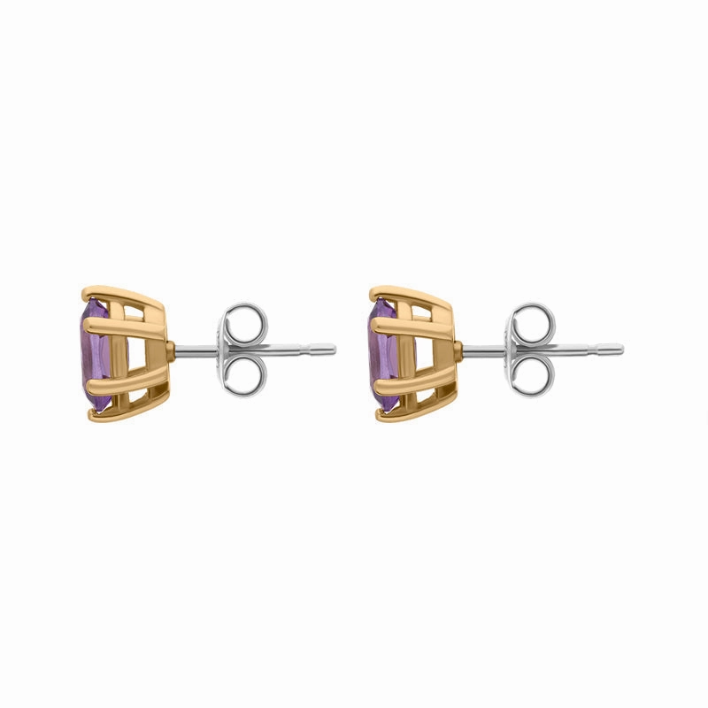 9ct Yellow Gold Sterling Silver Amethyst Stepping Stones 4x7mm Oval Claw Set Stud Earrings