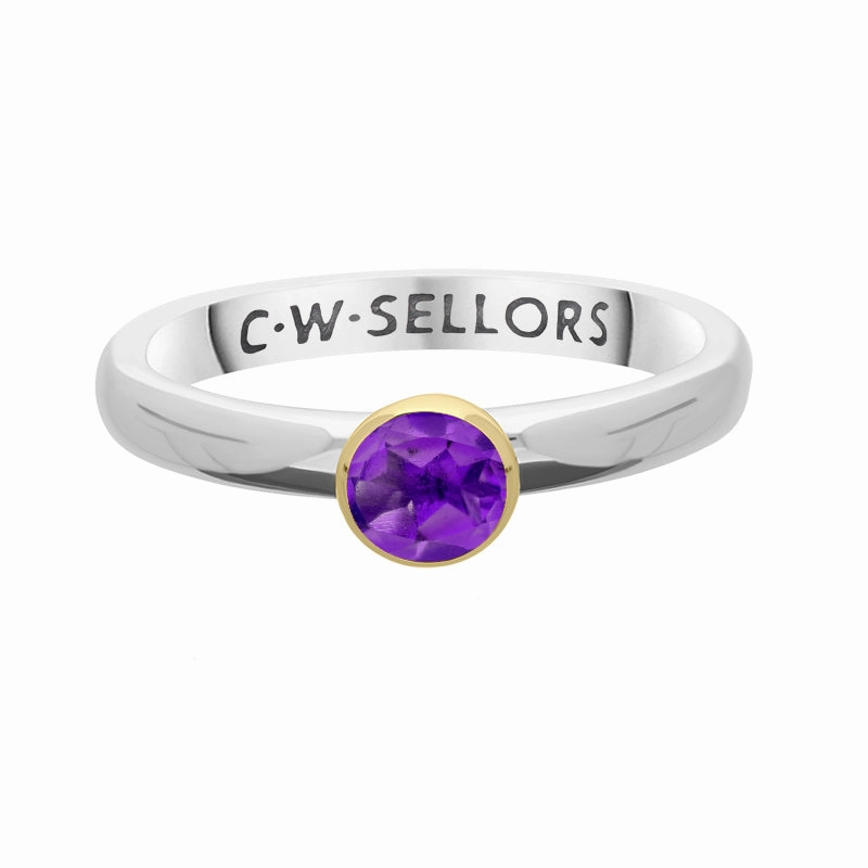 9ct Yellow Gold Sterling Silver Amethyst Stepping Stones 5mm Round Bezel Set Ring