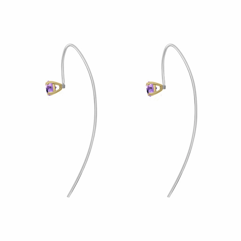9ct Yellow Gold Sterling Silver Amethyst Stepping Stones 5mm Round Claw Set Hook Earrings