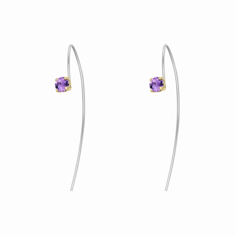 9ct Yellow Gold Sterling Silver Amethyst Stepping Stones 5mm Round Claw Set Hook Earrings
