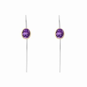 9ct Yellow Gold Sterling Silver Amethyst Stepping Stones 6x8mm Oval Hook Earrings