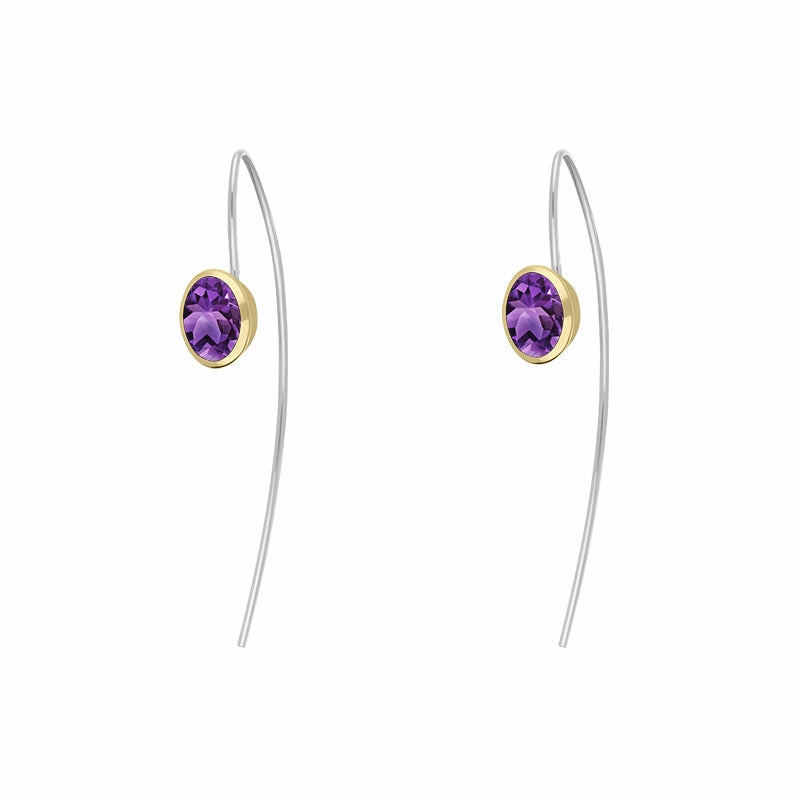 9ct Yellow Gold Sterling Silver Amethyst Stepping Stones 6x8mm Oval Hook Earrings
